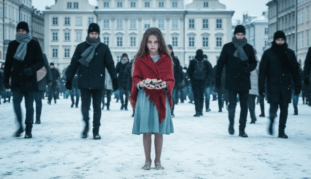 A barefoot girl in a red shawl stands in the snow as dark figures pass by.