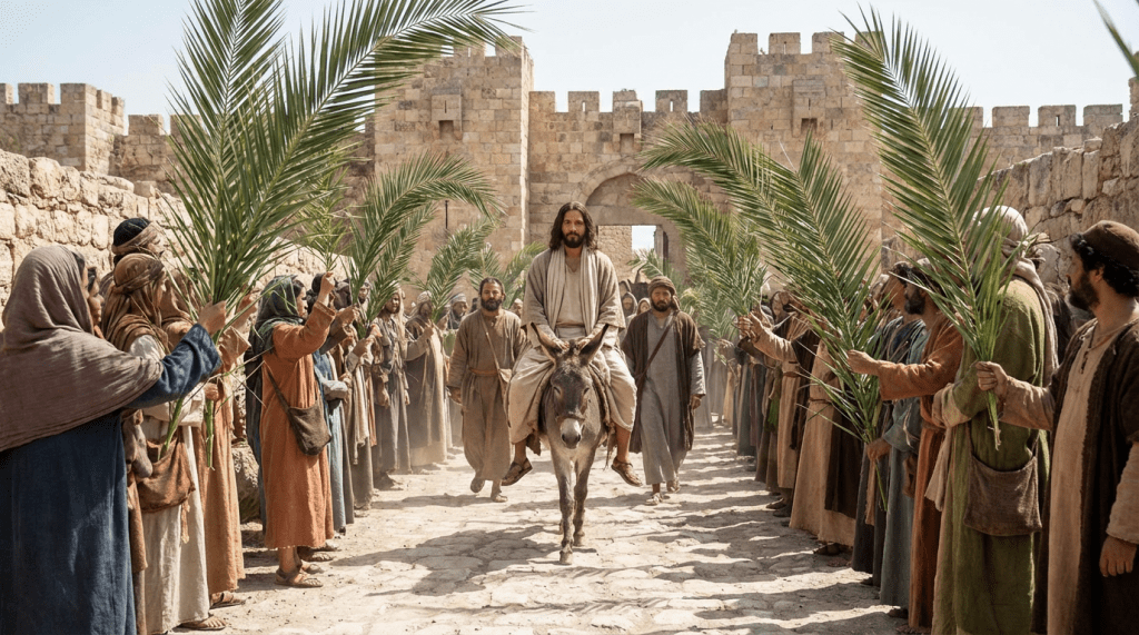 A man riding a donkey through a crowd waving palm branches at a city gate.