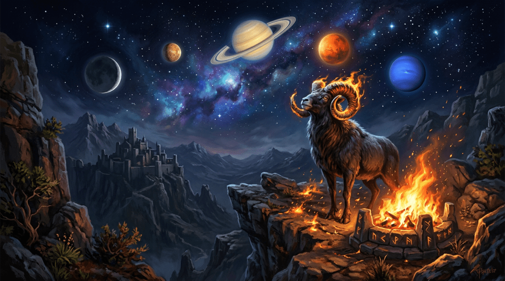 A ram with flaming horns standing near a fire with glowing runes on rocks, planets and stars in the night sky