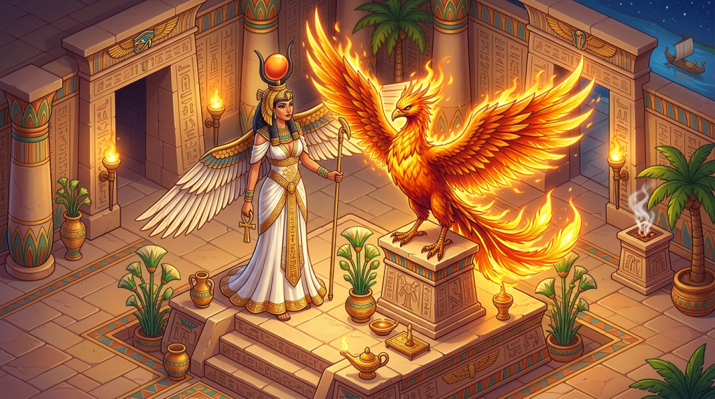 Ancient Egyptian goddess with wings and ankh holding staff next to a fiery phoenix statue on a pedestal in a temple courtyard.