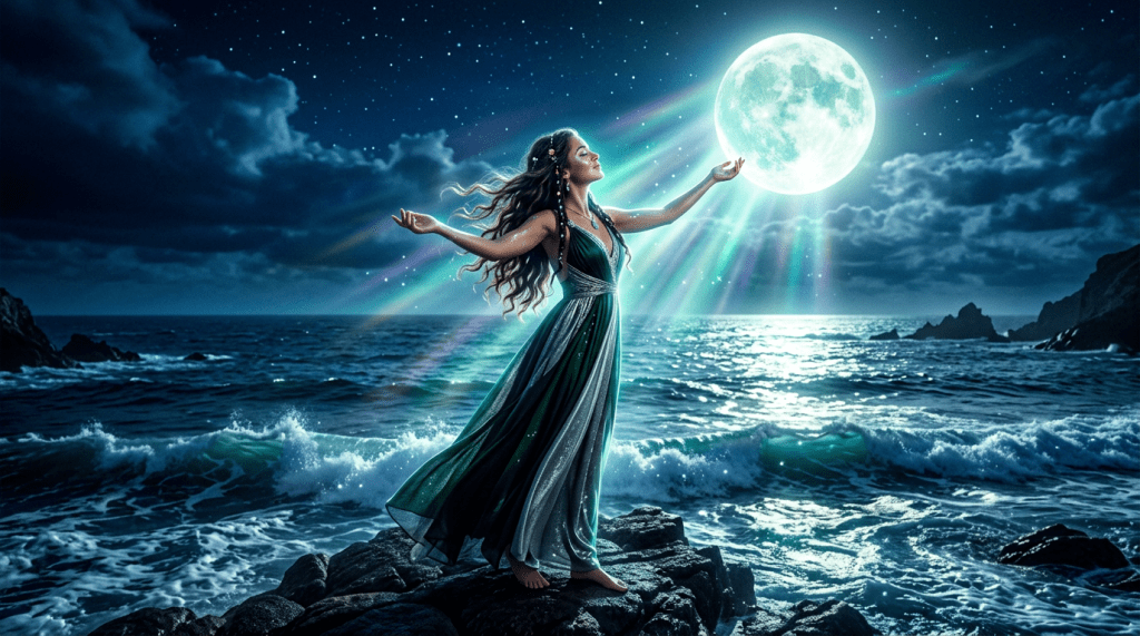 Woman in flowing dress on rocky shore reaching out to glowing full moon with colorful rays