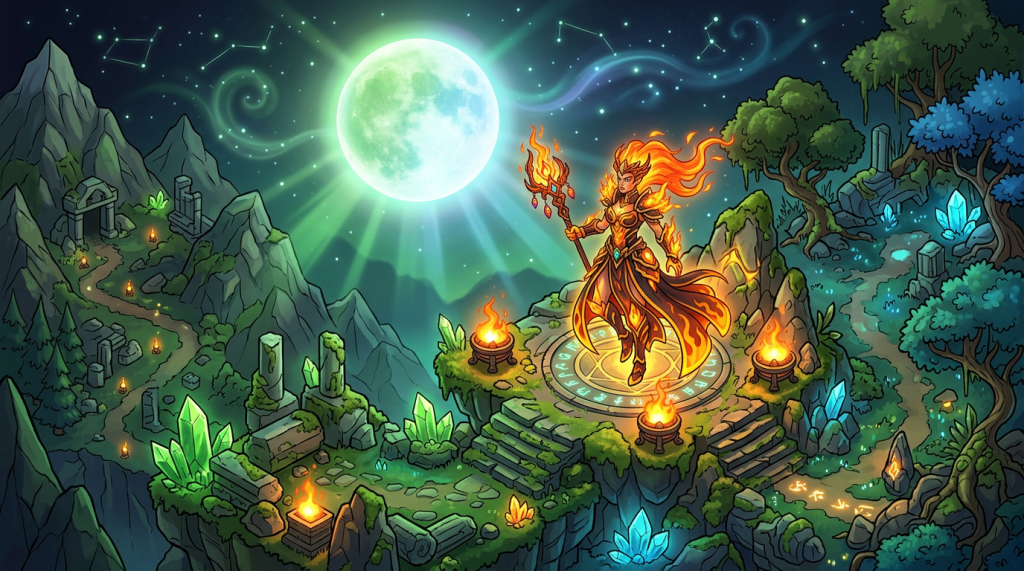 Fire mage standing on a glowing altar beneath a large moon